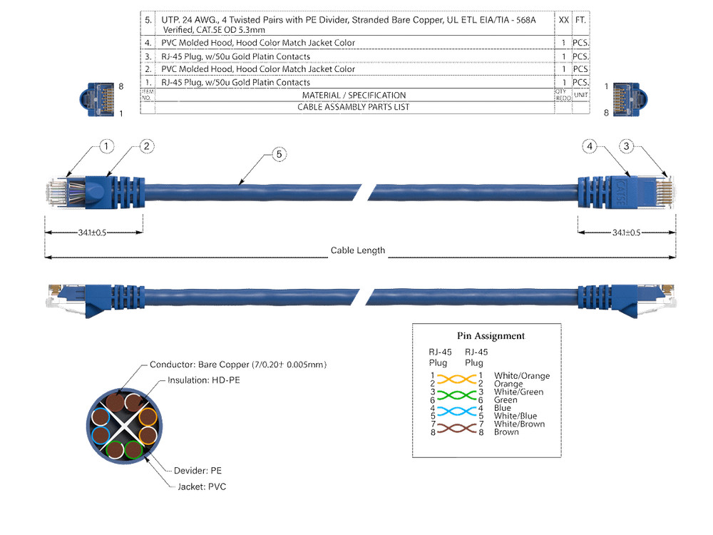 100ft Cat5e UTP Ethernet Network Patch Cable Snagless 24AWG Bare Copper, Blue