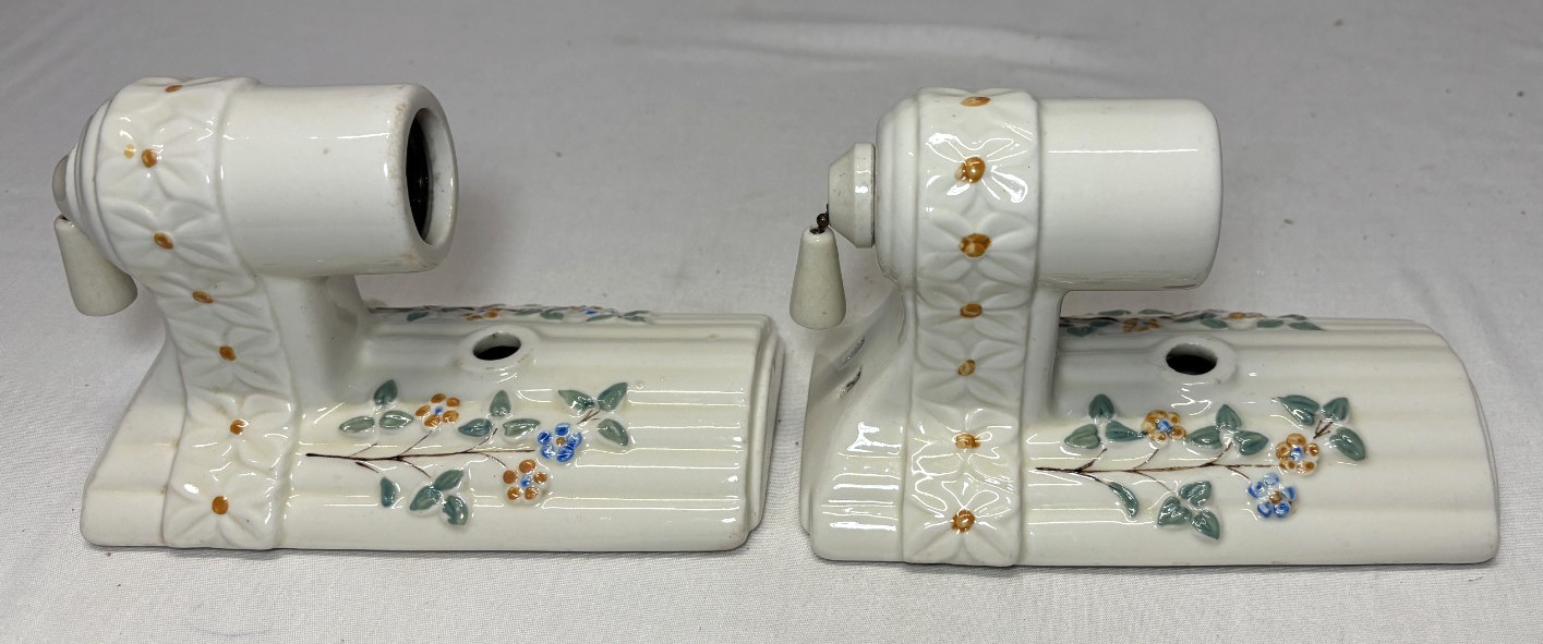 Vtg Porcelain Wall Sconce Pair Bathroom Light Fixture Floral Art Deco USA #L58
