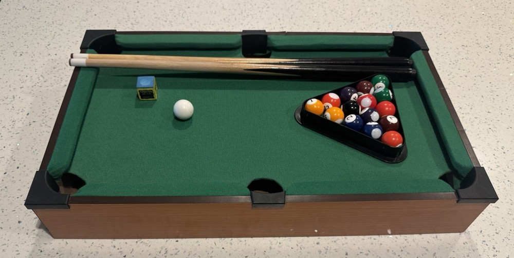 Mini Tabletop Billiards Pool Table With 2 Sticks, Balls, Rack, And Chalk