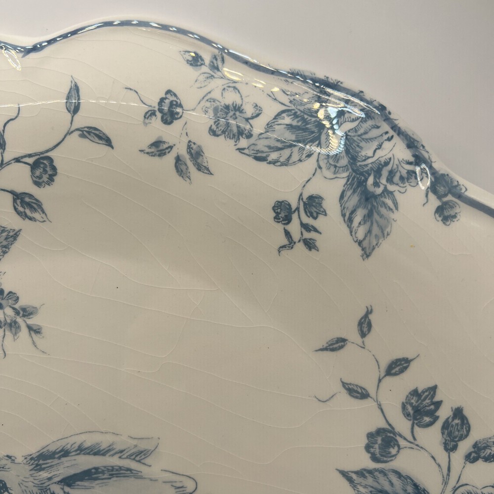 Maxcera Blue White Toile Bunny Rabbit Round Serving Platter Easter Large 13"