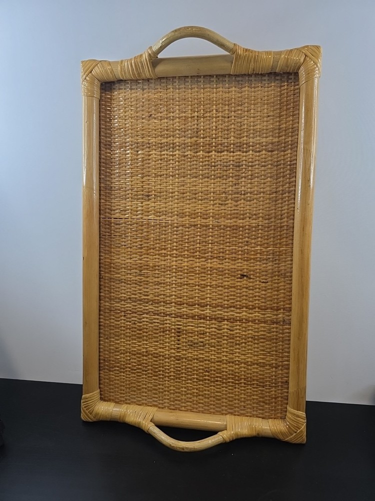 Bamboo Rattan Folding Serving Tray Boho Decor 21"