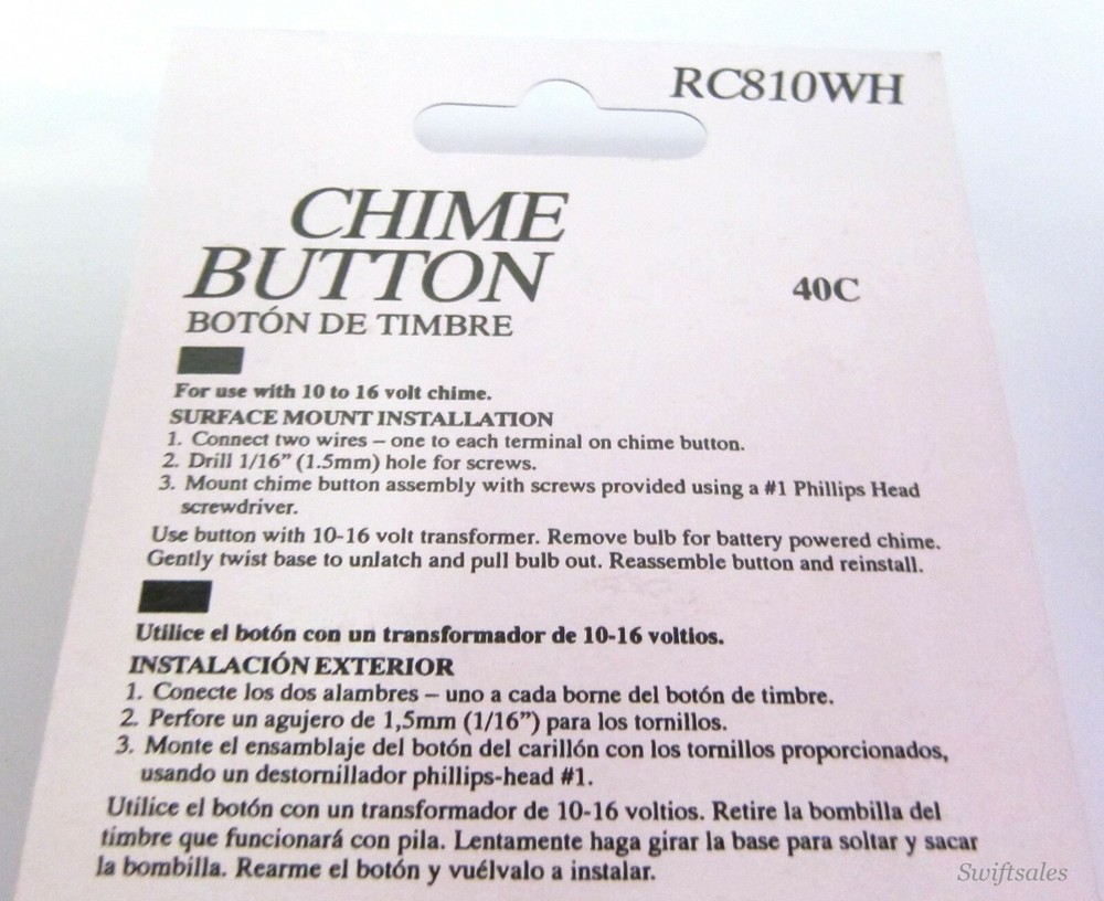 Broan NuTone RC810WH Surface Mount Lighted Decorative White Doorbell Button