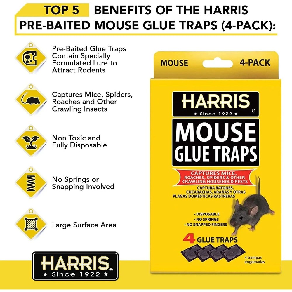 Harris Pre-Baited Mouse Glue Traps, Fully Disposable 4-Pack