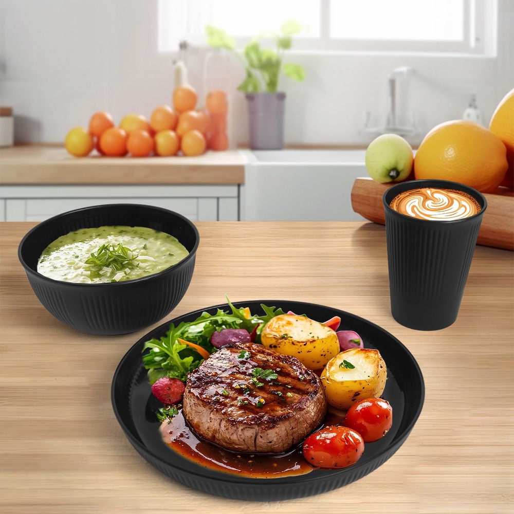 36 Pcs Wheat Straw Dinnerware Set,Dinnerware Sets for 6,Large Large, Black