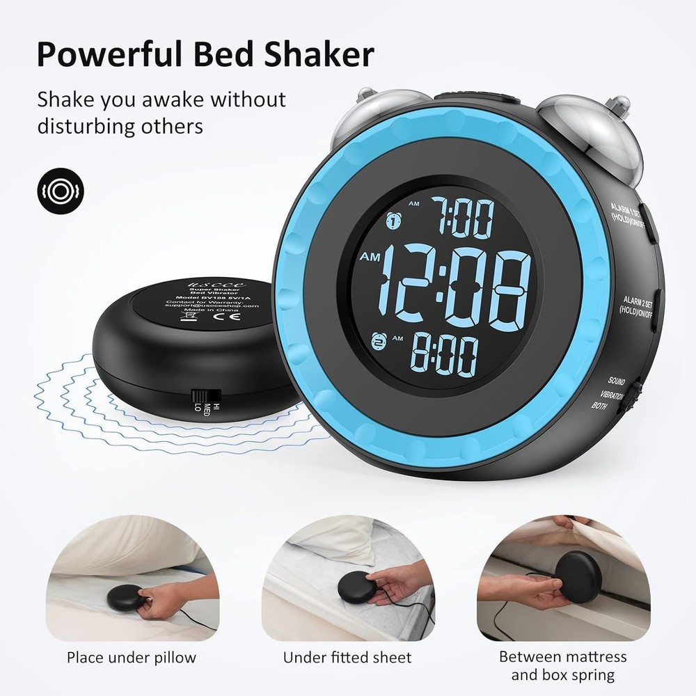 USB Alarm Clock with Bed Shaker - Customizable Brightness & Snooze Function