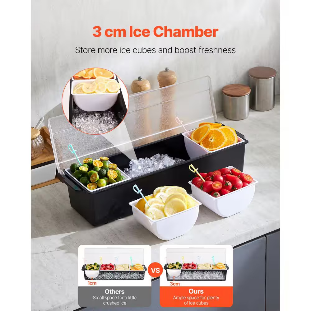 Chilled Condiment Server, 4 Compartment Ice Cooled Condiment Serving Container,
