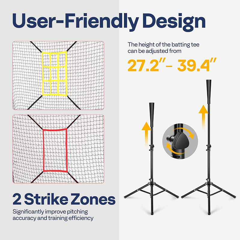 7x7 ft Baseball Softball Hitting Net with 2 Strike Zone, Batting Tee, Carry Bag