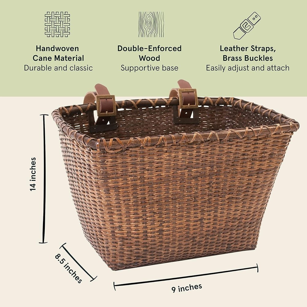 Rectangular Cane Bicycle Basket with Authentic Leather Straps & Brass Buckles