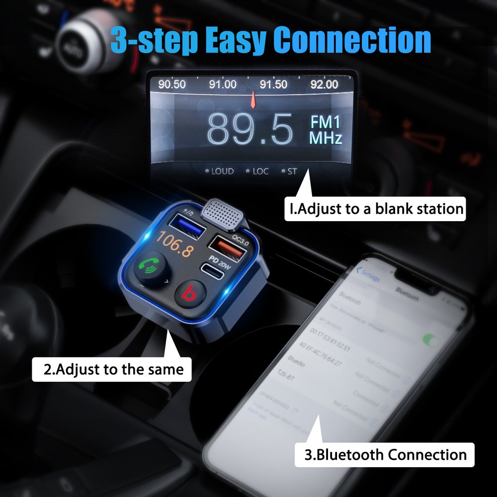LENCENT Bluetooth 5.0 Car Wireless FM Transmitter Adapter 2 USB PD Charger