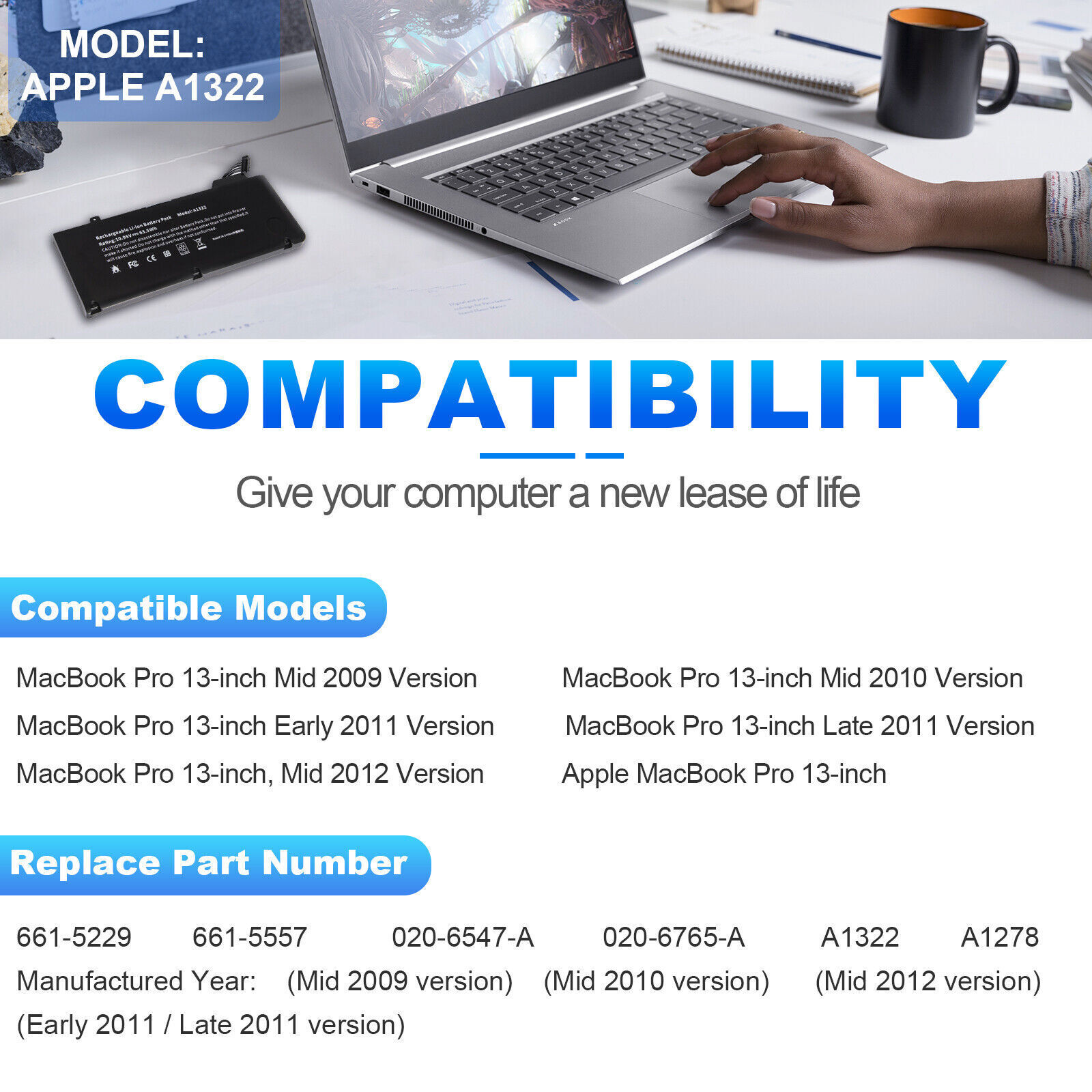 ✅A1278 A1322 Battery For MacBook Pro 13''Mid 2009 2010 Early/Late 2011 Mid 2012