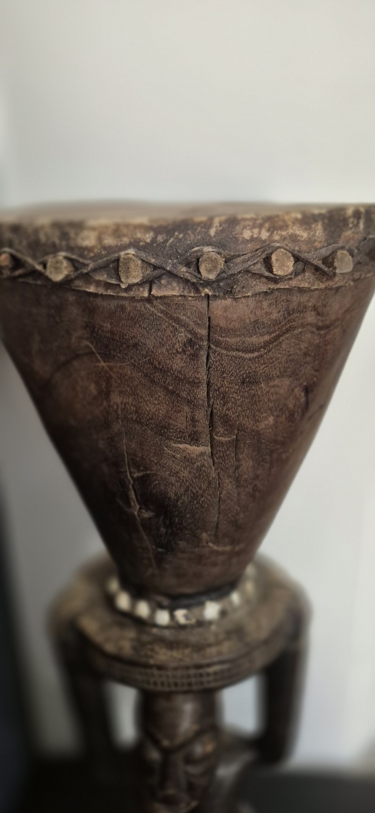 African Luba Female Wood Statue With Drum 21"H 7.5"W