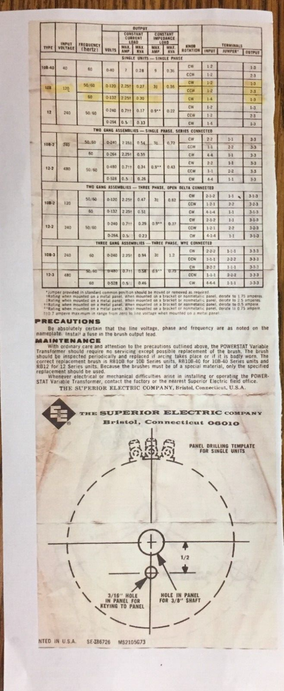 Superior Electric 10B Powerstat Variable Transformer