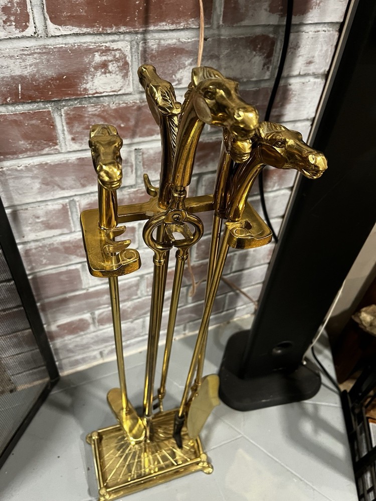 Vintage Five-Piece Solid Brass Horse Head Fire Tool Set Equestrian Art Deco