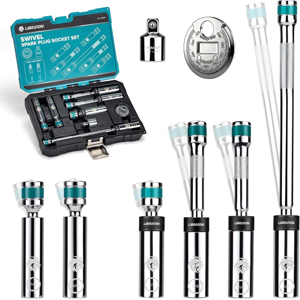 8PCS 3/8"Dr. Magnetic Spark Plug Socket Set, Include Gapper & Extension Bar, Swi