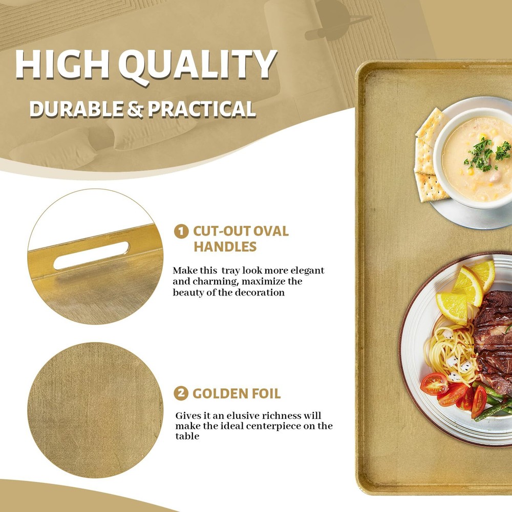Gold Decorative Tray with Handles Foil Serving Tray for Ottoman Rectangular C...
