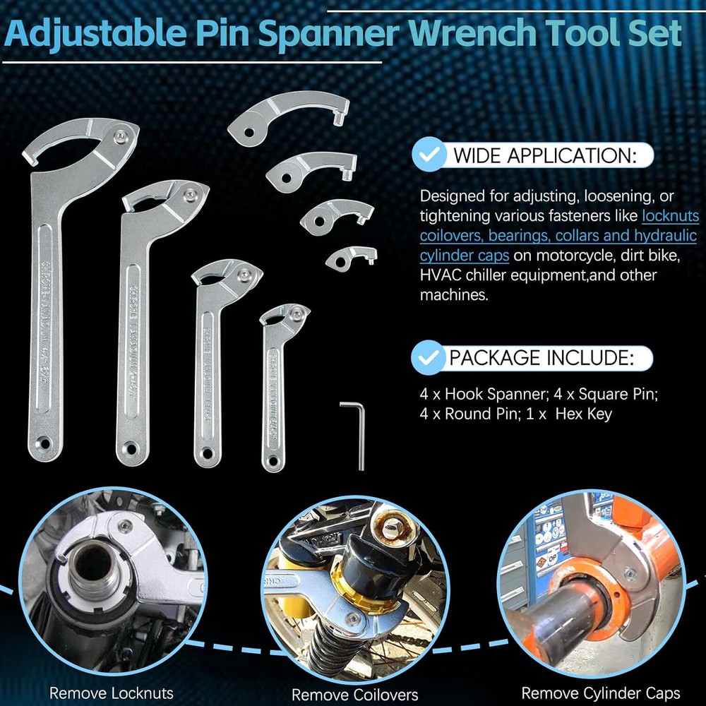 8 Pack Adjustable Pin Spanner Wrench Tool Set Coilover Hook Wrenches for Collar