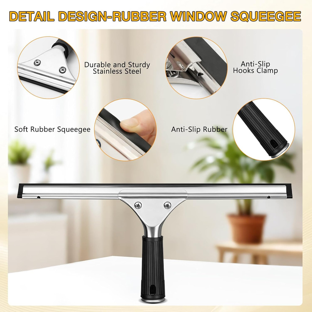Window Cleaning Squeegee Kit- 14" Squeegee & Microfiber Rotatable Window Scrubbe