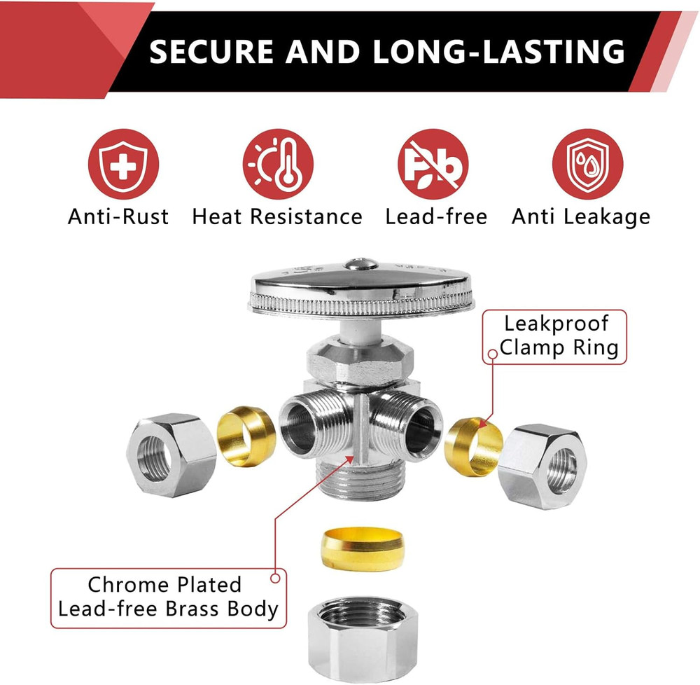 EFIELD Dual Compression Angle Stop Valve 1/2" NOM x 3/8" x 3/8" Chrome, 5 Pack