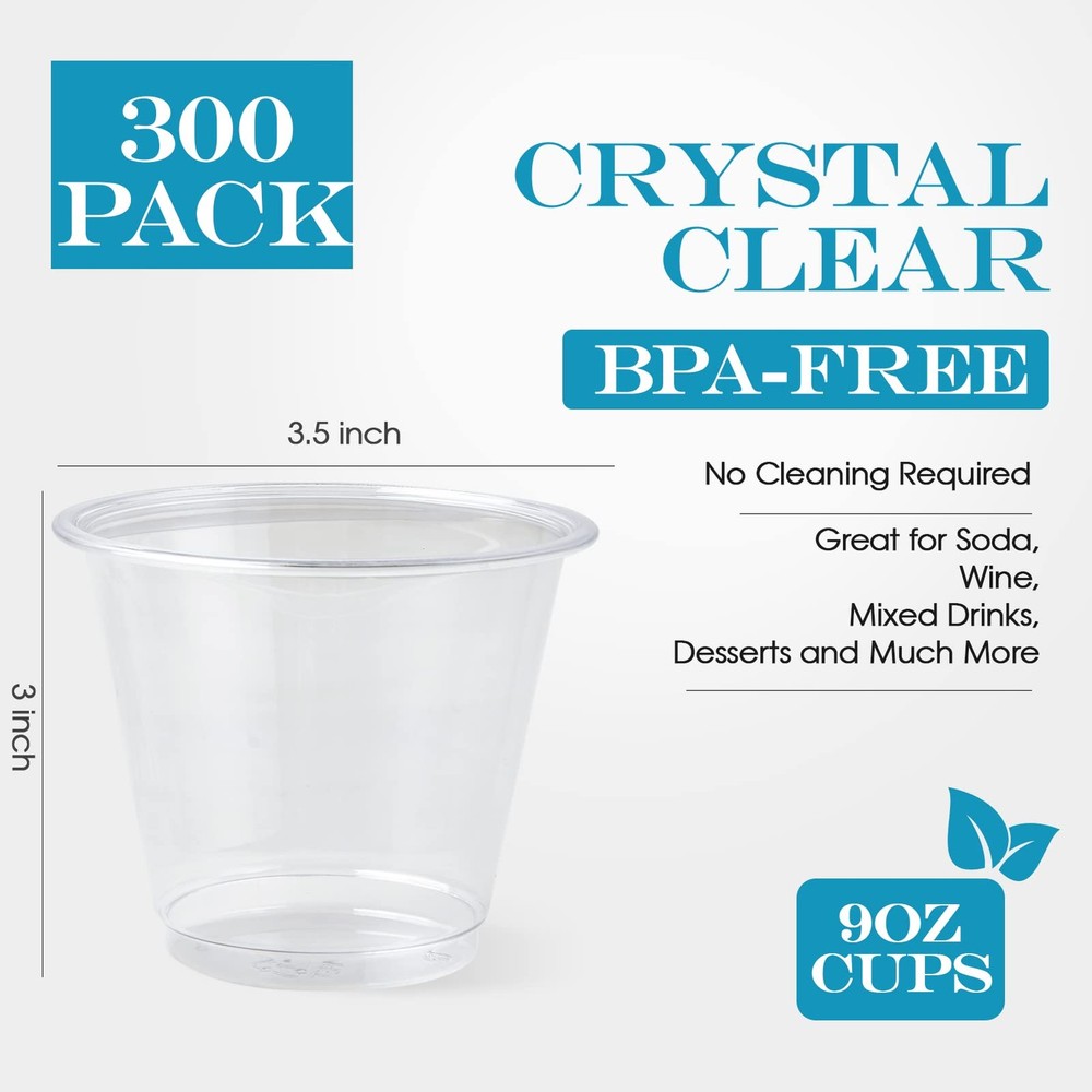 300 Pack 9oz Clear Plastic Cups,Disposable Crystal Drinking Cups,PET Plastic ...