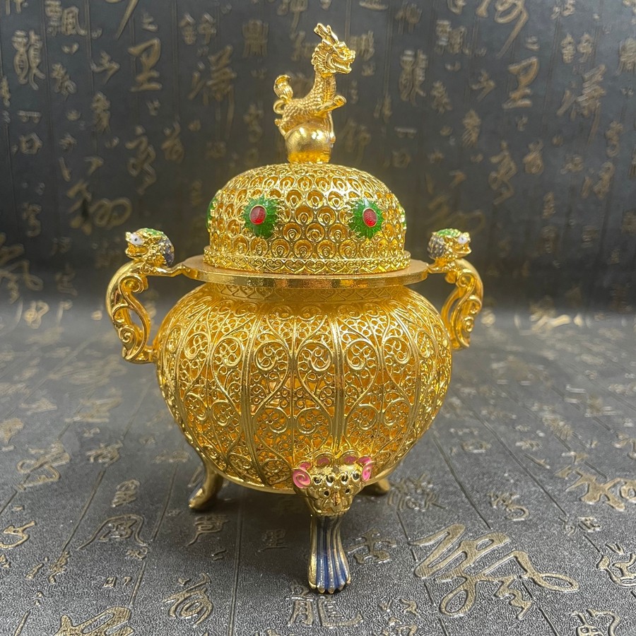 Old Chinese Bronze Tripod Kirin Censer Filigree Openwork Incense Burner