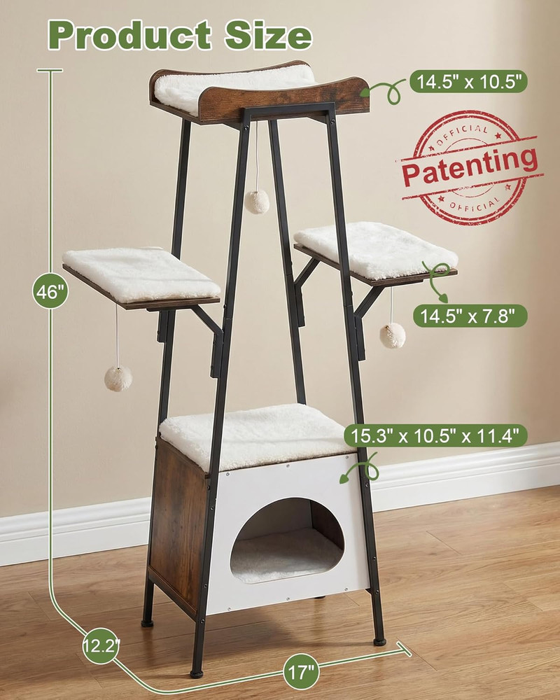 46-Inch Modern Cat Tree Tower for Large Cats, Multi-Level Cat Tower with Playful