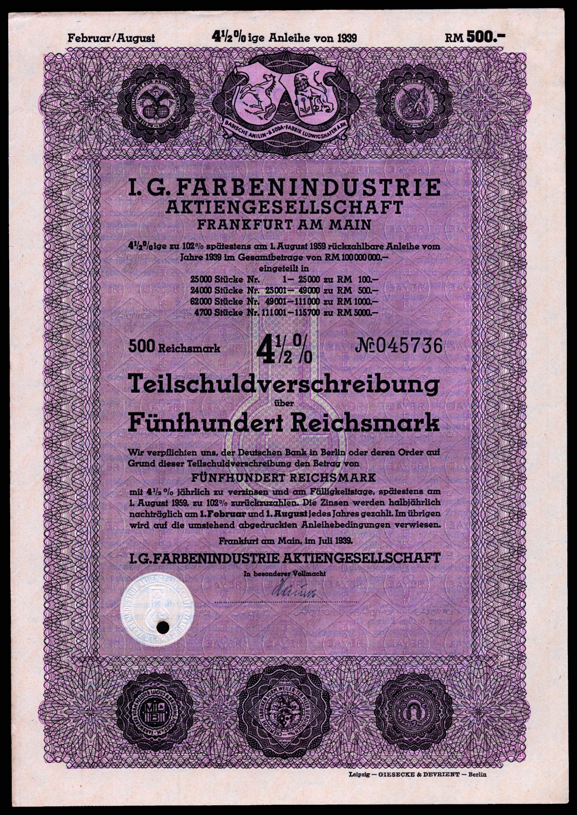 1939 Third Reich IG Farben (of Zyklon B Infamy) 500 Reichsmark Bond F+