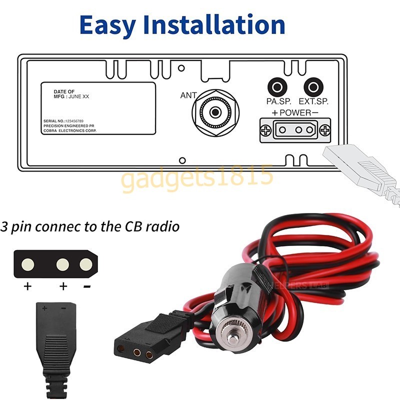 3-Pin Power Cord Car Cigarette Lighter Plug For Uniden Galaxy Midland CB Radio