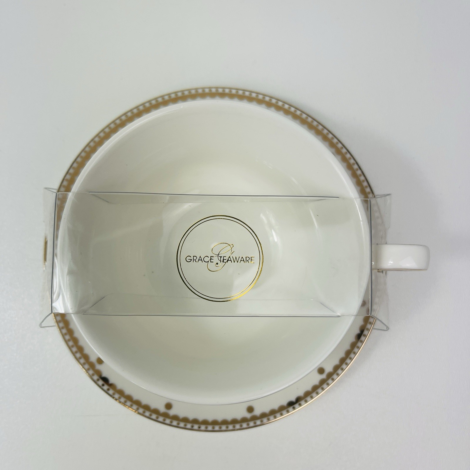 Grace Teaware Teacup Saucer White With Gold Trim Polka Dots New