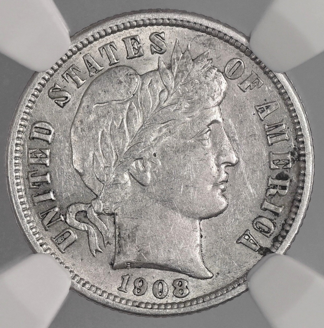 1908-P 10C BARBER SILVER DIME "PHILADELPHIA" NGC AU50 8404753-022