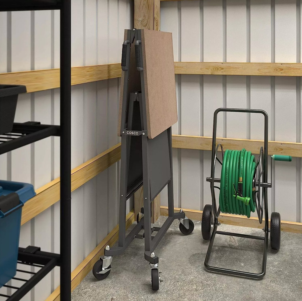 Folding Workbench Work Table w/ Wheels Bottom Shelf Storage for Workshop Garage