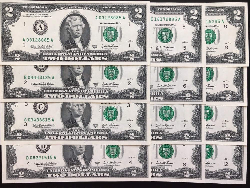 2003 A $2 TWO DOLLAR BILL ( 12 District full set )  UNCIRCULATED