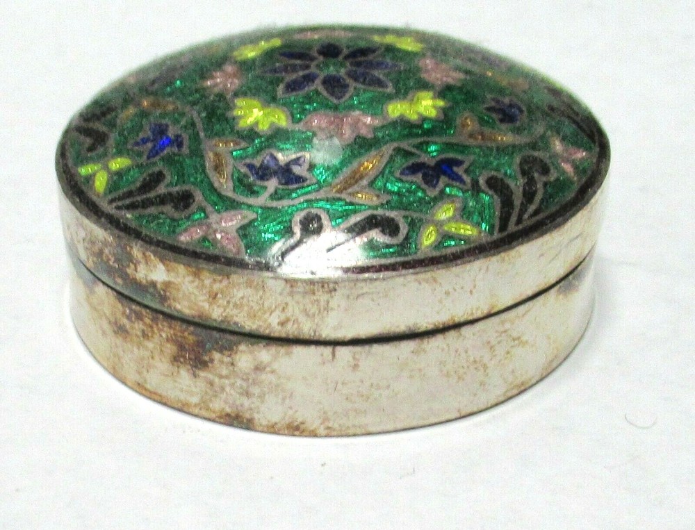 STERLING SILVER CLOISONNE ENAMEL PILL SNUFF JAR BOX