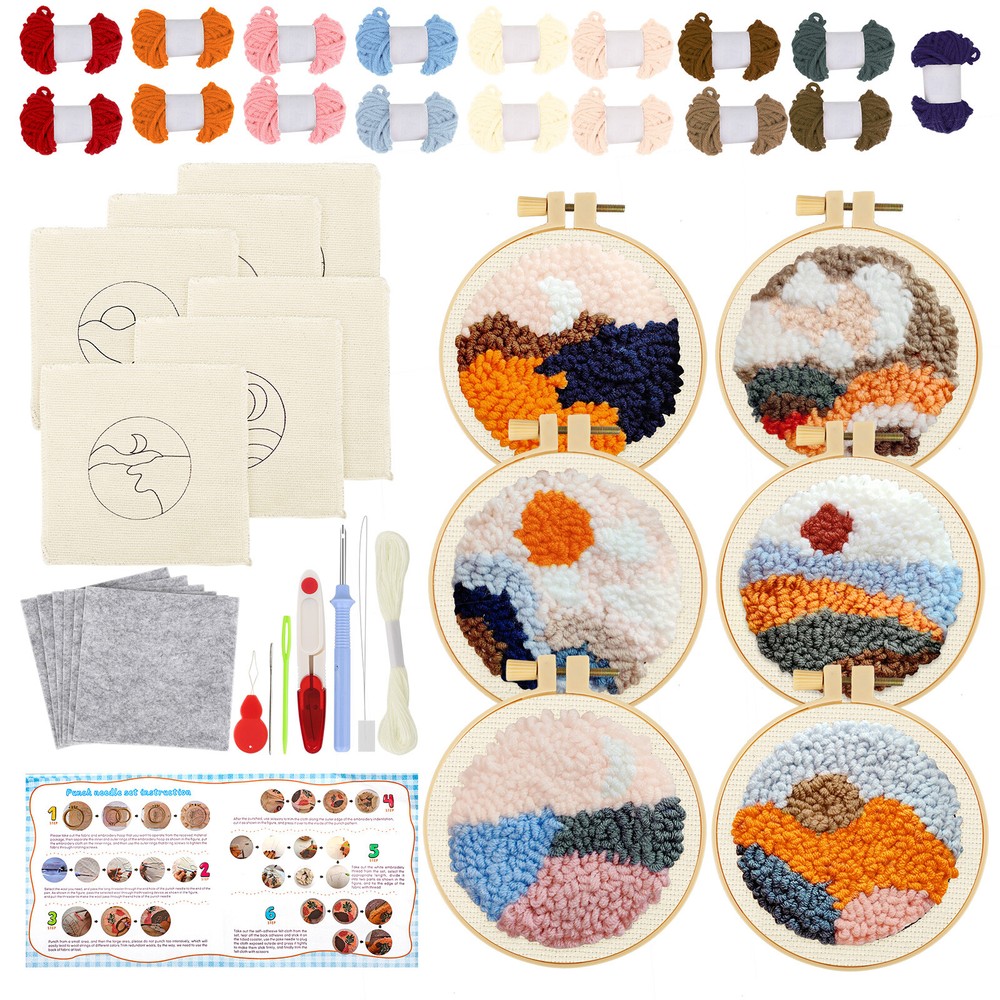 6pcs Punch Needle Coaster Kit Sewing Stitch Tool for Beginner DIY Craft