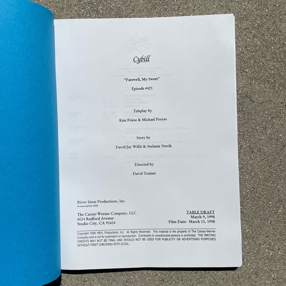 CYBILL 1998 TV Series Production Used Table Draft Script + Final Draft Revisions