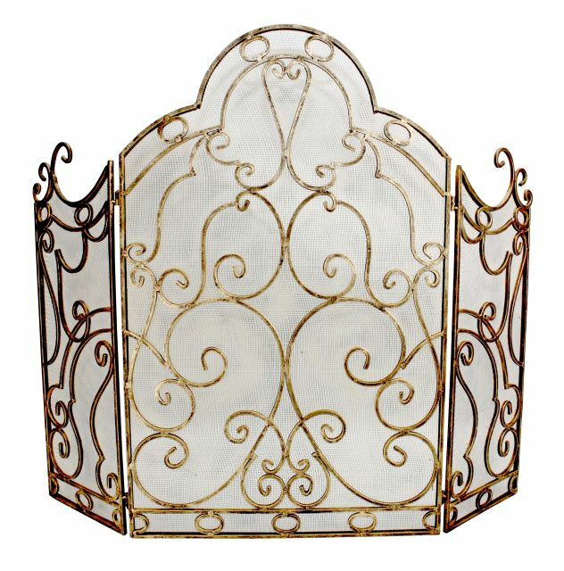 Light Burnished Gold Iron 3 Panel Scroll Design Fireplace Screen 46'' X 36.5H