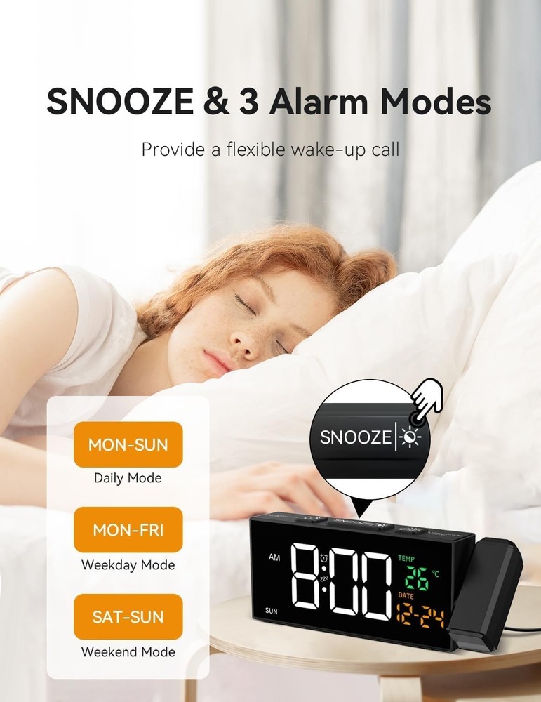 Clear LED Projection Alarm Clock: 3-Level Brightness and Snooze Functionality