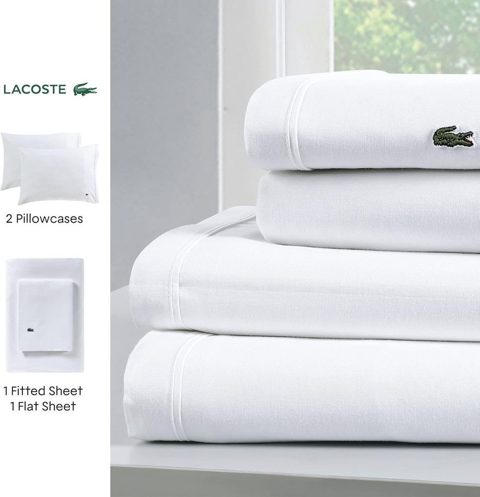 Lacoste Home Solid Cotton Percale 4-Pc Sheet Set, QUEEN COLOR WHITE.