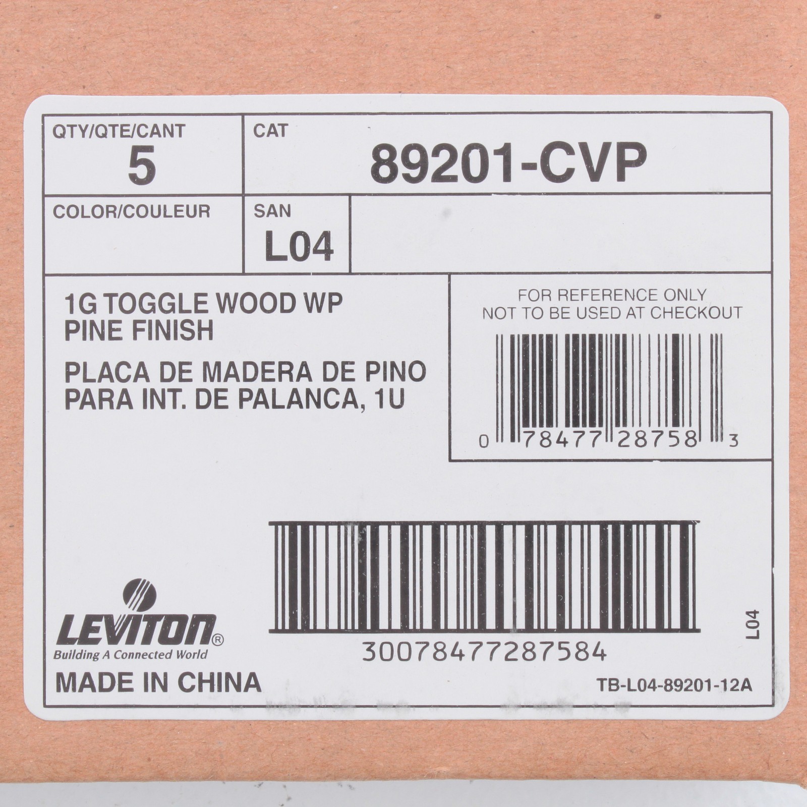 Leviton 89201-CVP Golden Pine 1-Gang Toggle Wood Oversize Wallplate Cover 5-pack