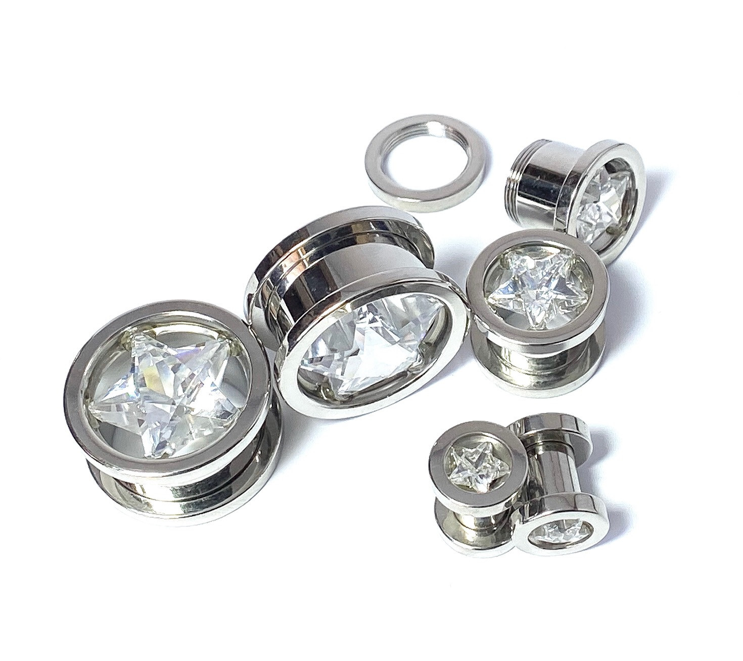 PAIR Star CZ Gem Screw Fit Tunnels Plugs Gauges Earlets Body Jewelry Piercing