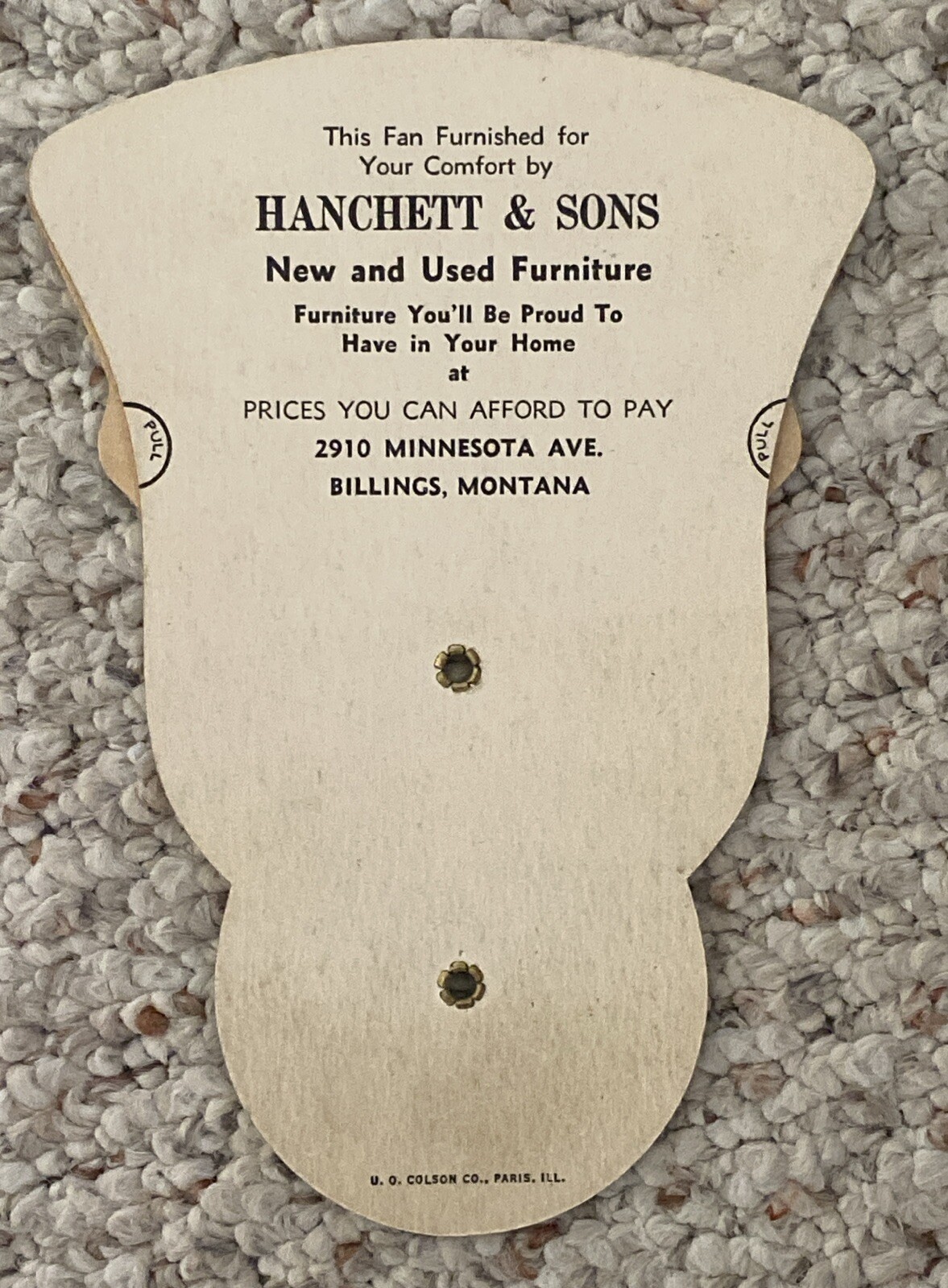 Hanchett & Sons Furniture Store vintage tri-fold hand fan