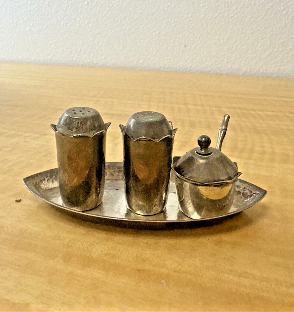 Antique Silver Condiment Caddy Tray Set 6 Piece 1930's