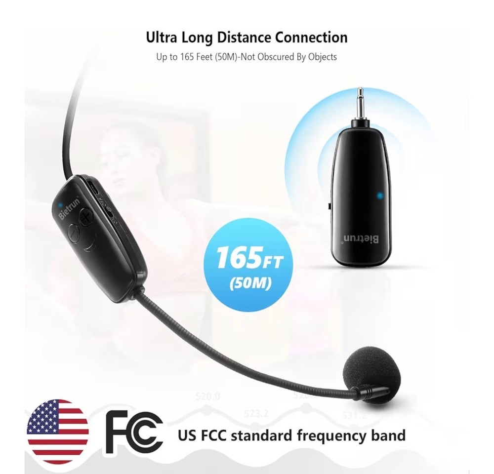 Bietrun WXM01 UHF Wireless Headset Microphone System 2-in-1 w/ Receiver