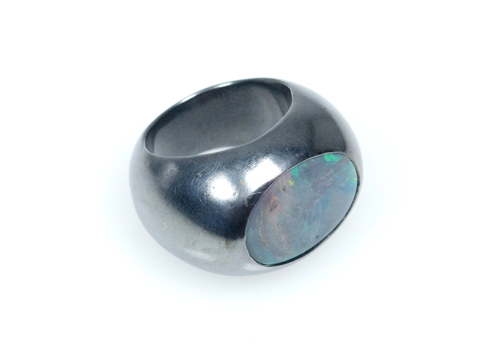925 Silver - Massive Vintage Designer Ring - Black Boulder Opal