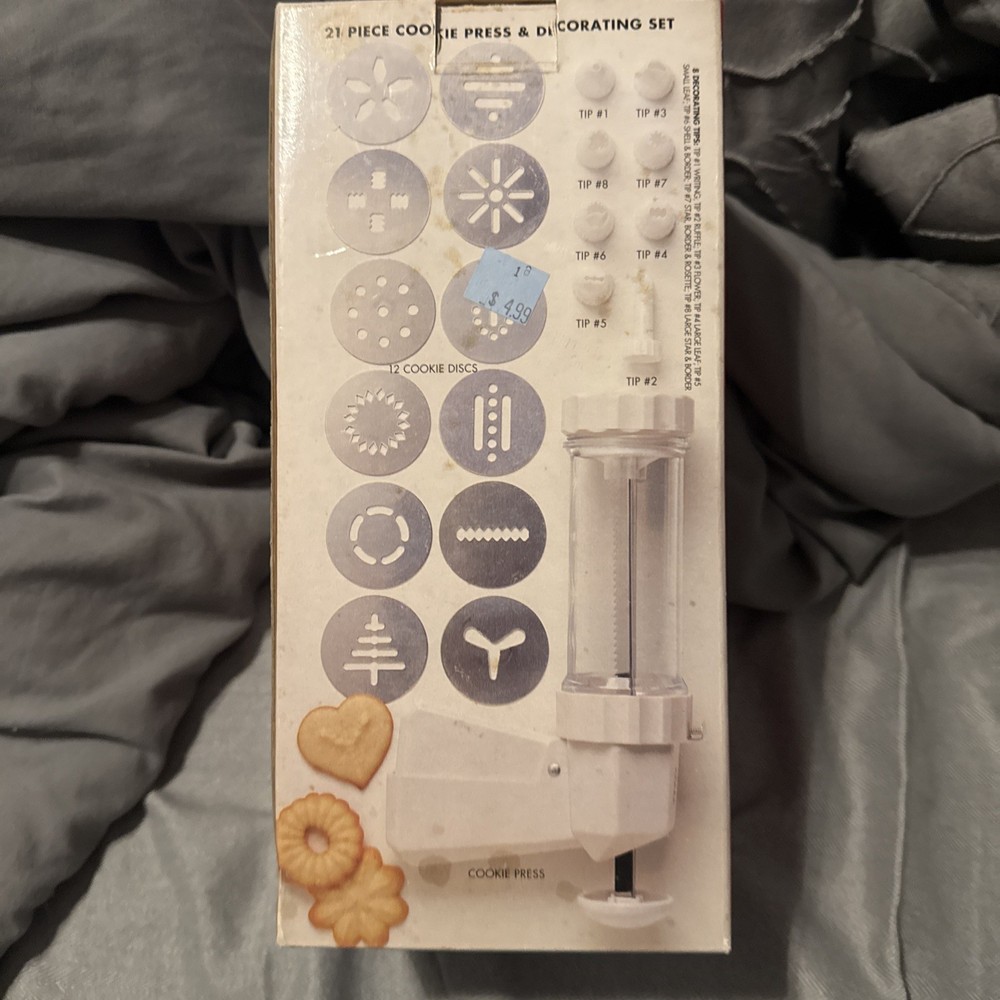 21 Piece Cookie Press & Decorating Set 12 Cookie Discs 8 Decorating Tips New
