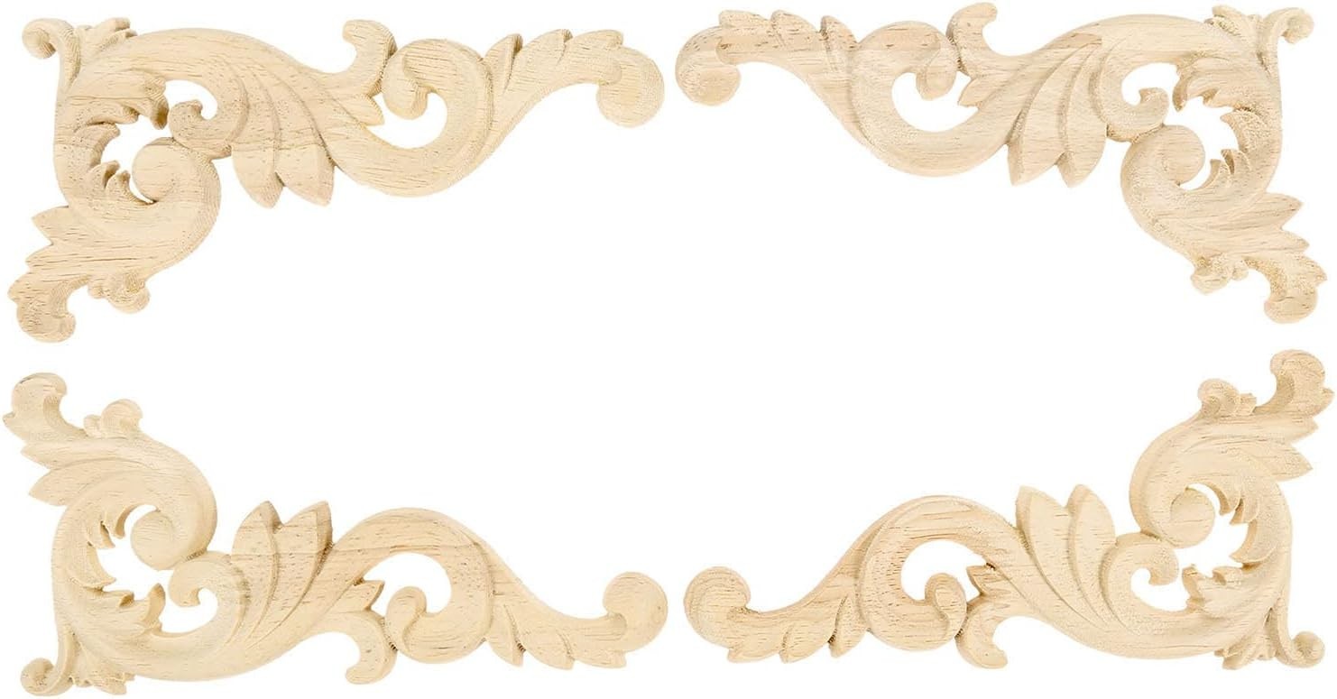 Intricate Oak Wood Carvings Onlays - Unpainted Decorative Corner Plaques Set
