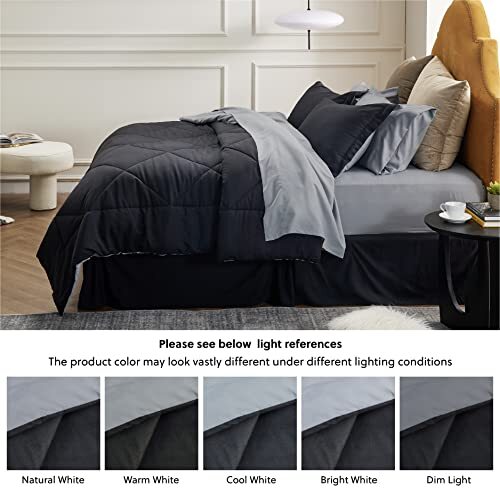 Comforter Set - 8 Pieces Reversible Bed Set with Comforters, Queen Black