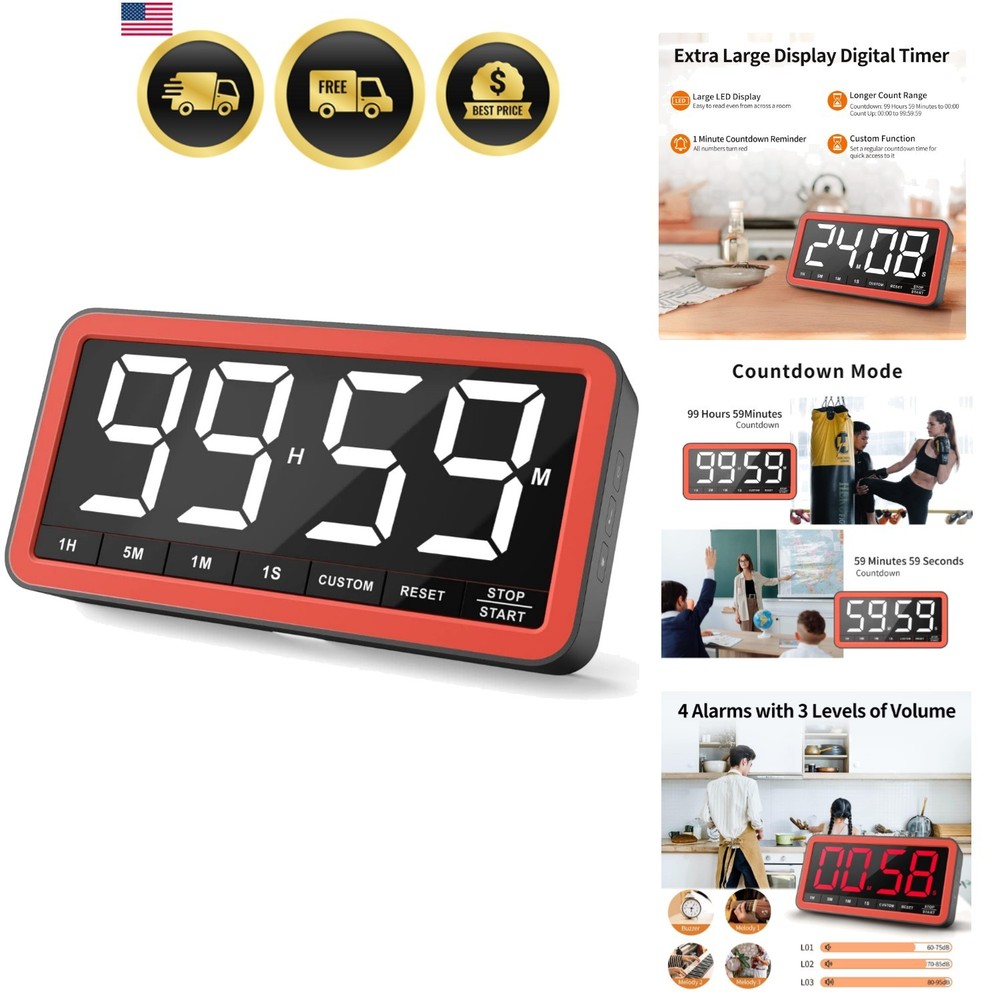 Digital Kitchen Timer with 7.8” Extra Large Display, Magnetic LED, with 3 Bri...