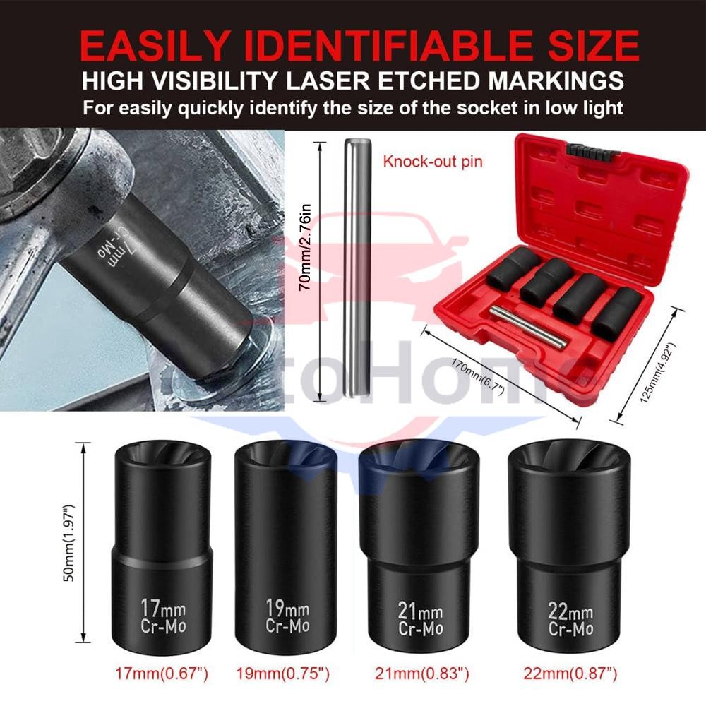 5Pcs Twist Socket 1/2” Drive For Wheel Lug Nut Damaged Removal and Extractor