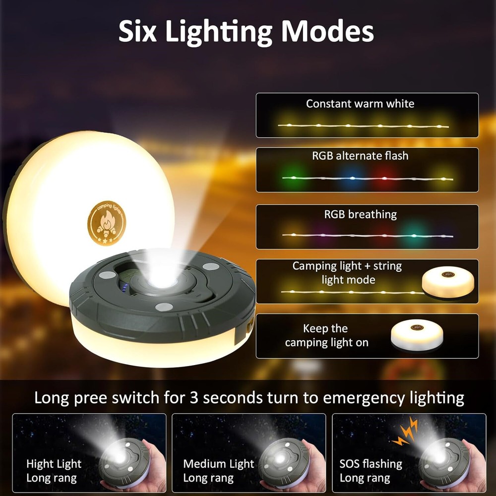 32.8FT Outdoor Camping Lantern String Lights 8 Modes USB Rechargeable Magnet