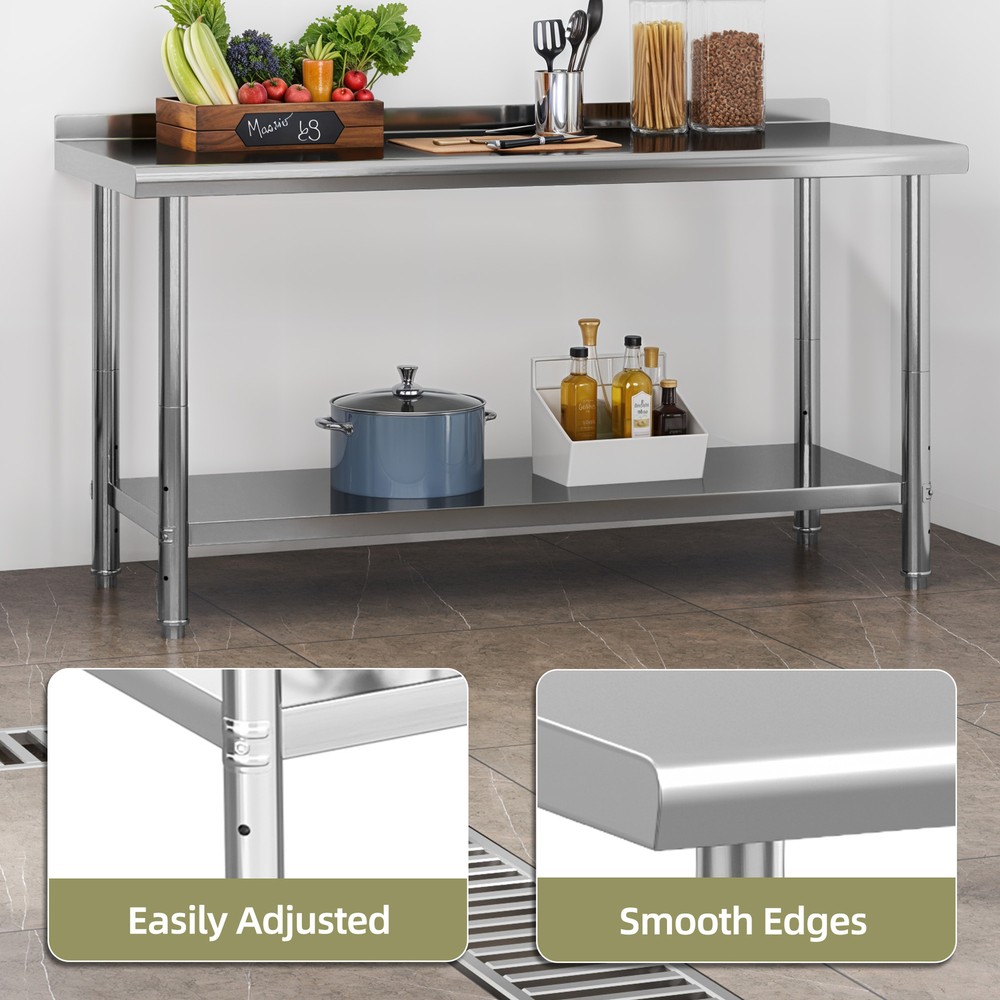 Large Work Table Undershelf 60x24" Stainless Steel Commercial Kitchen Backsplash